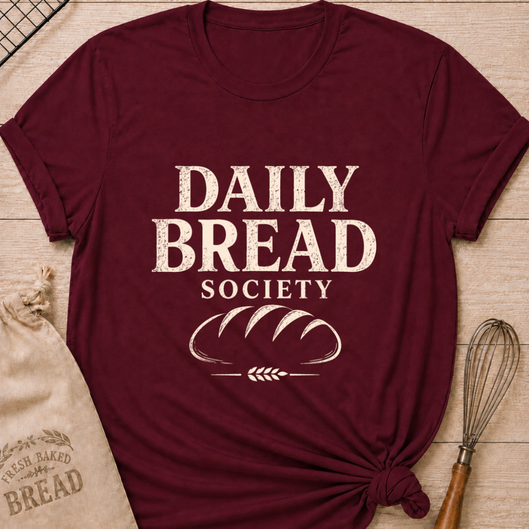 Maroon women's relaxed fit t-shirt with the words Daily Bread Society in bold vintage lettering above a classic loaf and wheat.