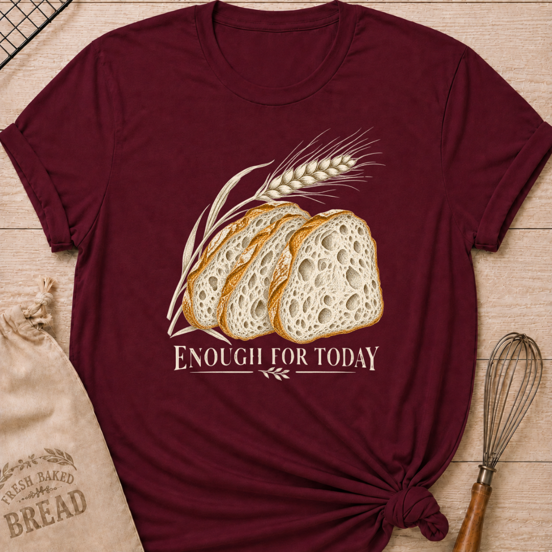 Maroon women's relaxed fit tee with three rustic slices of artisan bread and a graceful stalk of wheat in a warm vintage style, with Enough for Today lettering