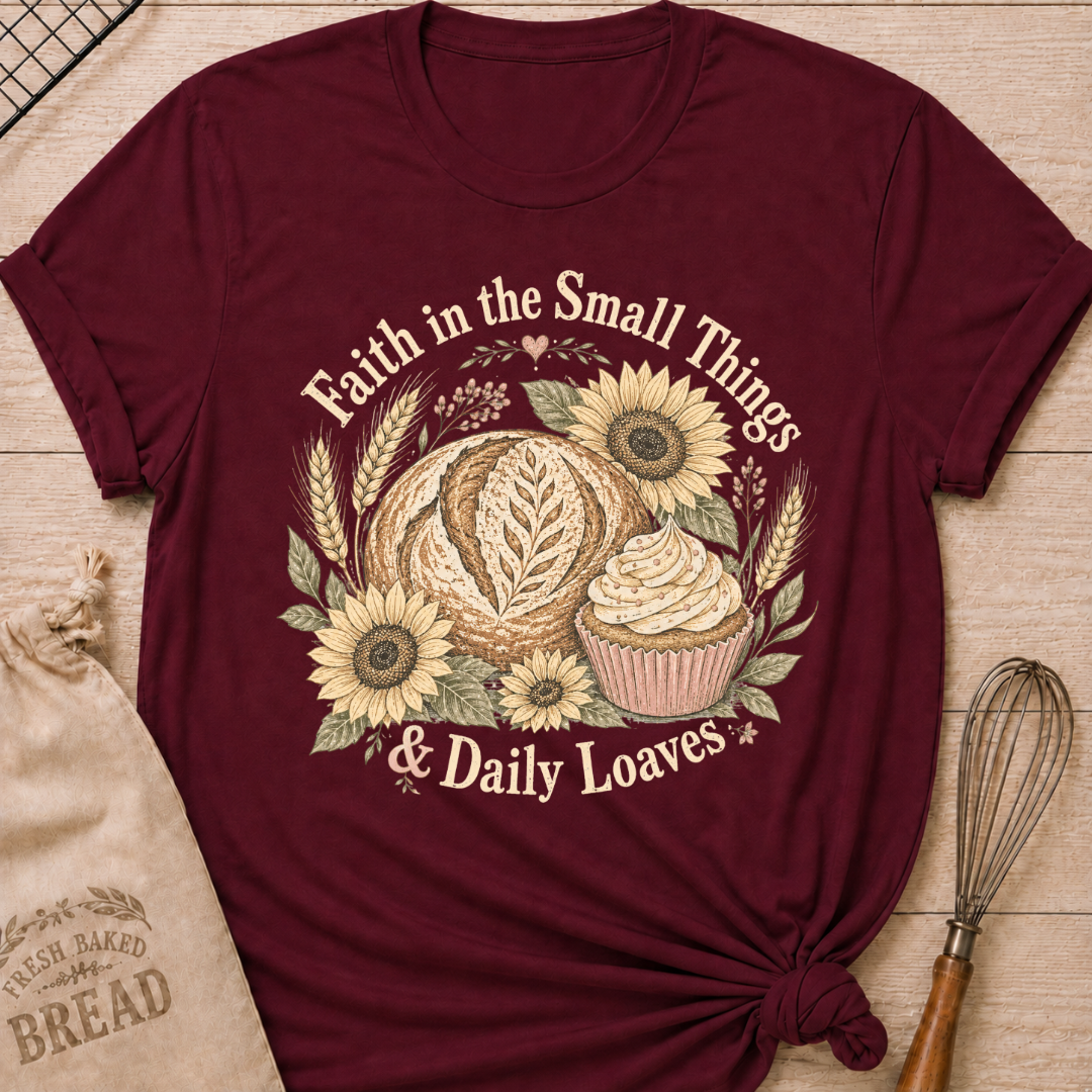 Maroon Faith In The Small Things women's relaxed fit tee with artisan bread, a frosted cupcake, sunflowers, and wheat