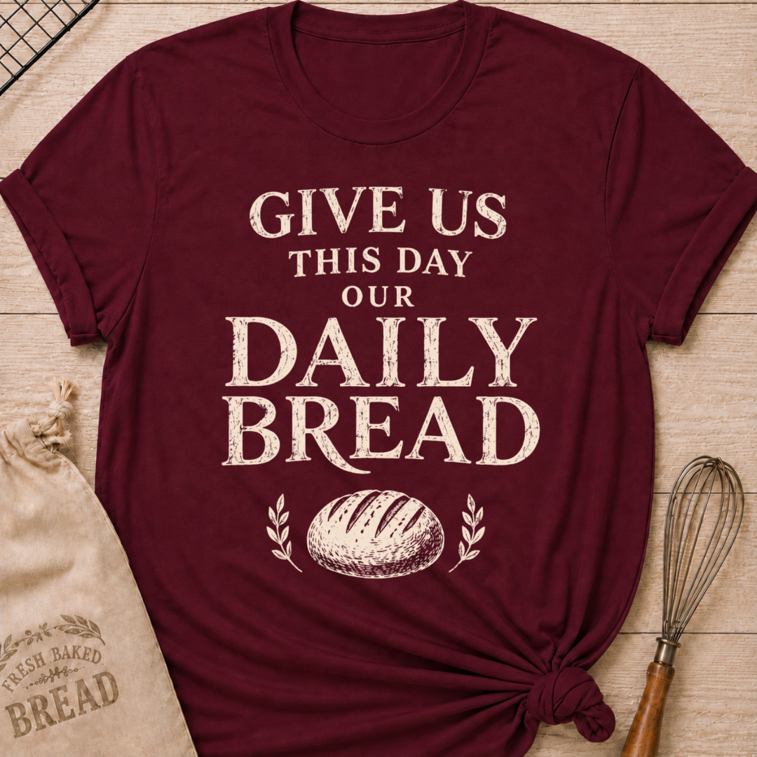 Maroon women's relaxed fit t-shirt with the words Give Us This Day Our Daily Bread in bold vintage lettering above a rustic loaf and leafy accents.