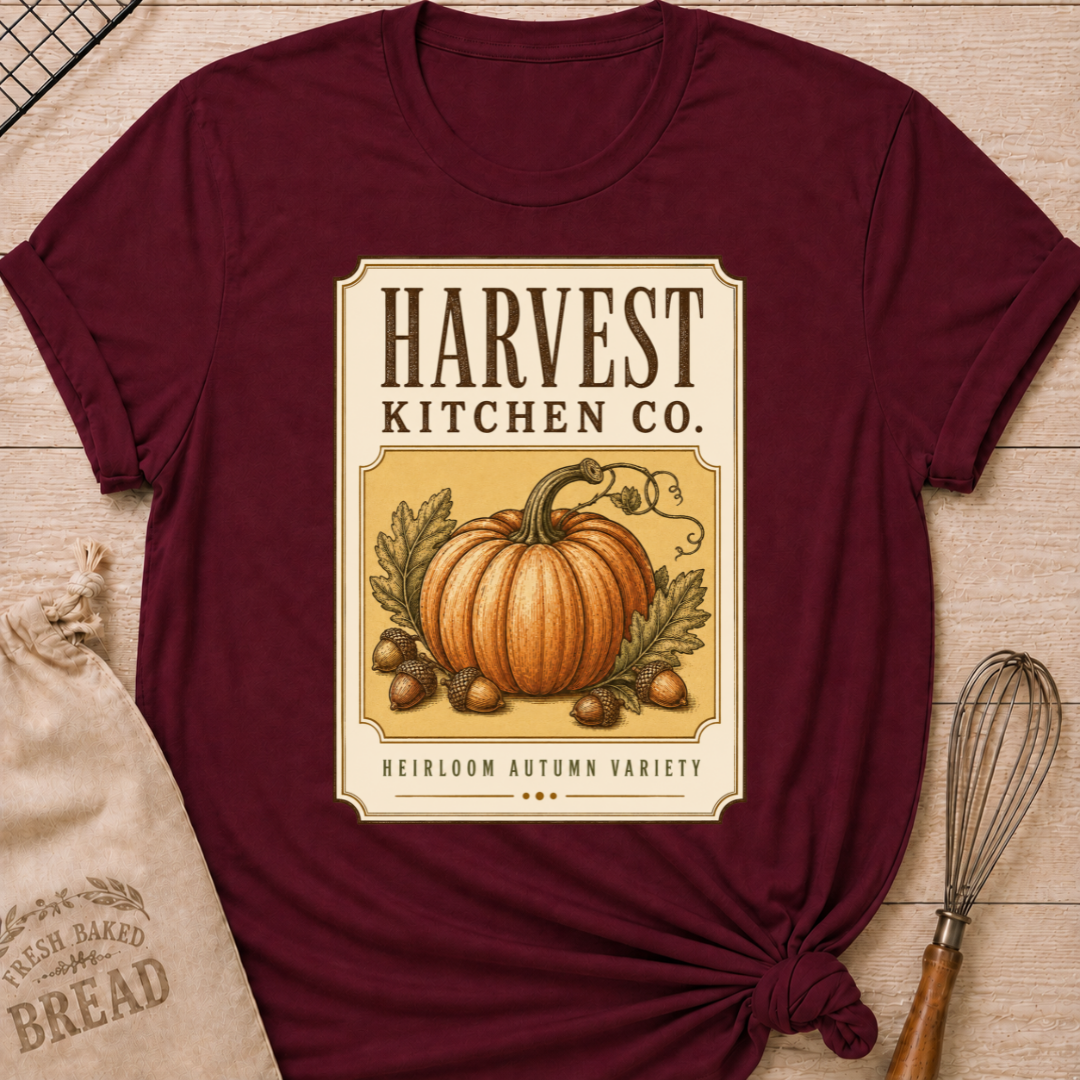 Maroon women's relaxed fit tee with a vintage produce label design, an heirloom pumpkin, oak leaves and acorns