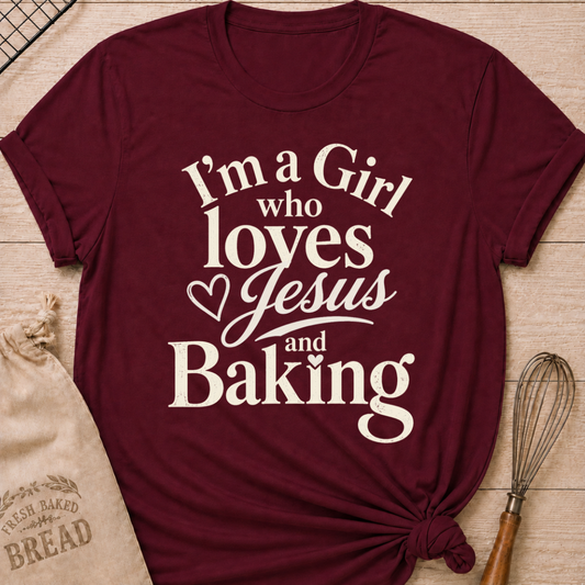 Maroon I'm a Girl Who Loves Jesus and Baking women's relaxed fit tee with warm vintage typography
