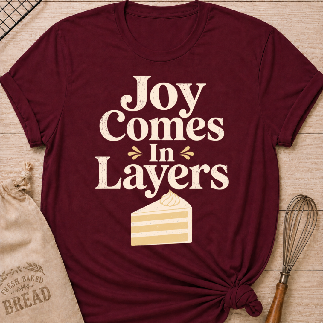 Maroon Joy Comes in Layers women's relaxed fit tee with playful vintage lettering and a layered slice of cake