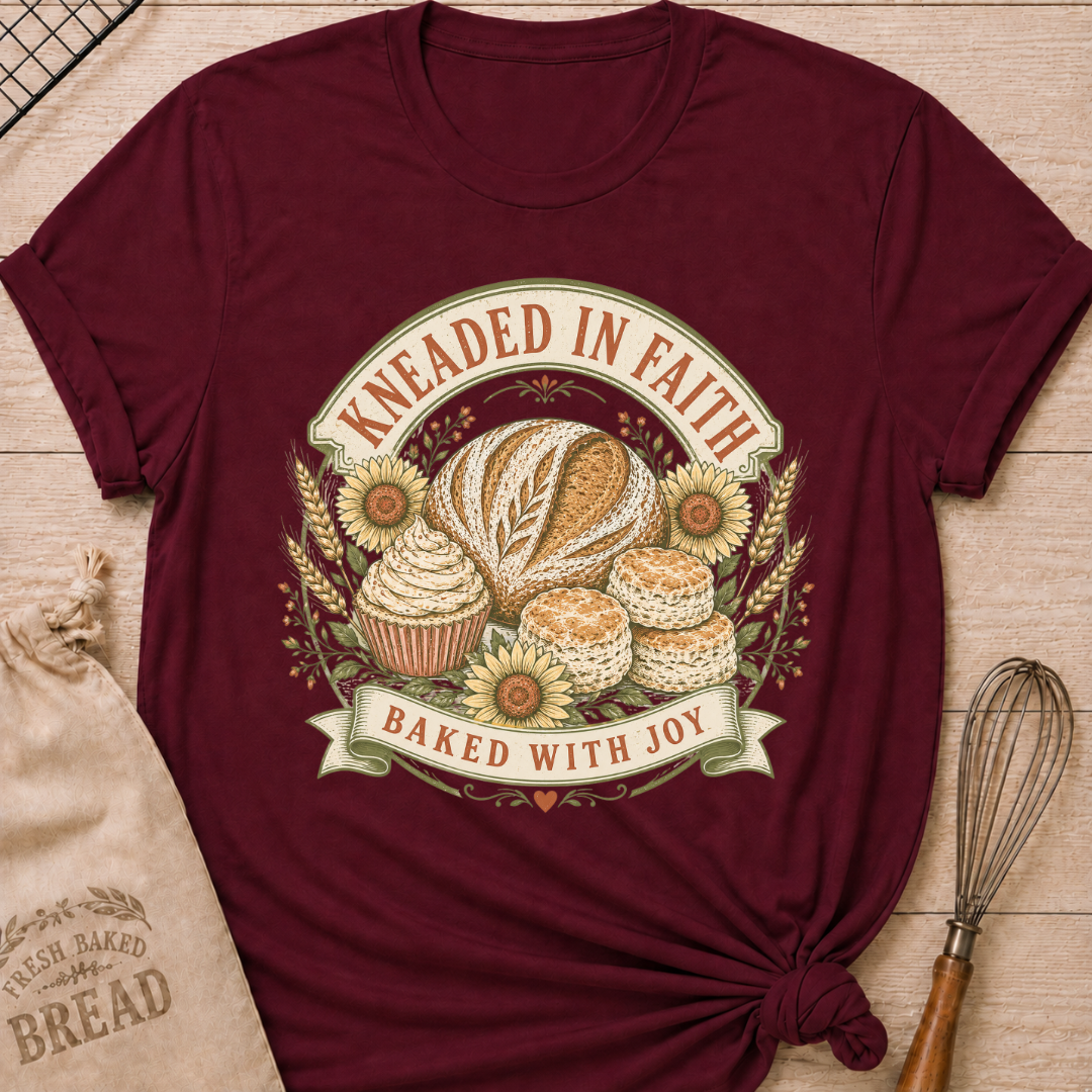 A maroon graphic t-shirt styled with a knotted hem, laid flat on a light wood background with a drawstring bread bag and a whisk. The shirt features a vintage-inspired circular badge illustration with the words "Kneaded in Faith" arched across the top and "Baked with Joy" on a ribbon banner at the bottom. Inside the badge: a rustic artisan bread loaf, a frosted cupcake, and biscuits, surrounded by sunflowers, wheat stalks, and small floral accents, all rendered in warm cream, gold, and sage tones