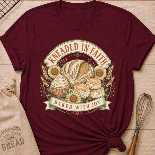 A maroon graphic t-shirt styled with a knotted hem, laid flat on a light wood background with a drawstring bread bag and a whisk. The shirt features a vintage-inspired circular badge illustration with the words "Kneaded in Faith" arched across the top and "Baked with Joy" on a ribbon banner at the bottom. Inside the badge: a rustic artisan bread loaf, a frosted cupcake, and biscuits, surrounded by sunflowers, wheat stalks, and small floral accents, all rendered in warm cream, gold, and sage tones