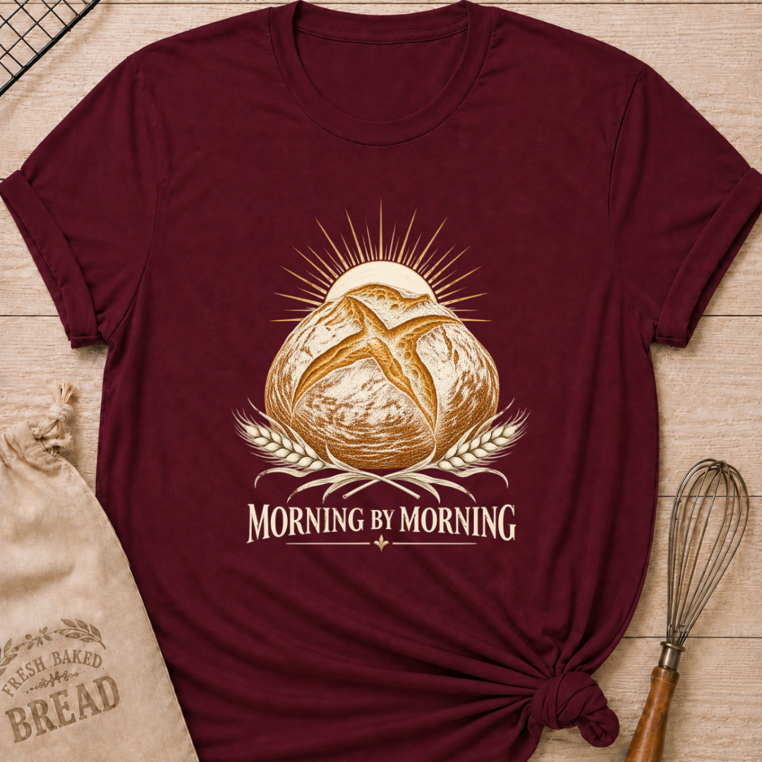 Maroon women's relaxed fit tee with a rustic artisan loaf rising beneath a radiant sun, framed by golden wheat in a warm vintage style, above Morning by Morning lettering