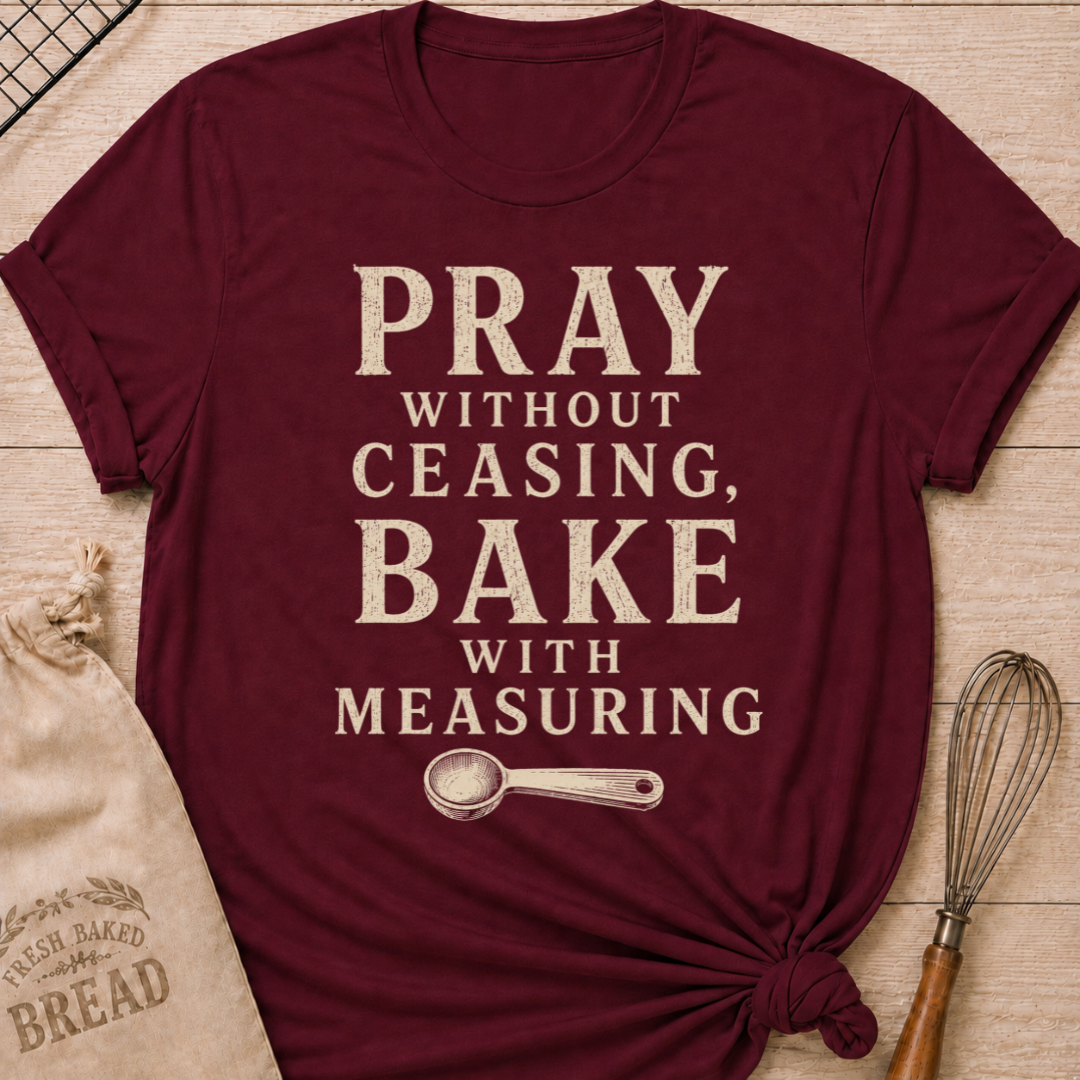 Maroon Pray Without Ceasing, Bake With Measuring women's relaxed fit tee with bold vintage lettering and a measuring spoon