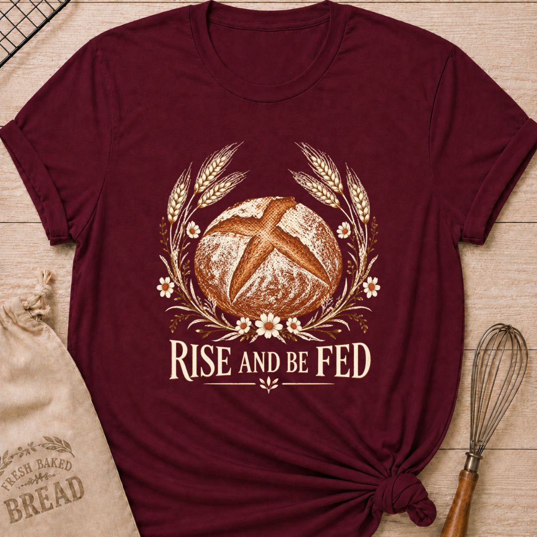 Maroon women's relaxed fit tee with a detailed artisan loaf framed by wheat and delicate wildflowers in a soft vintage style, above Rise and Be Fed lettering