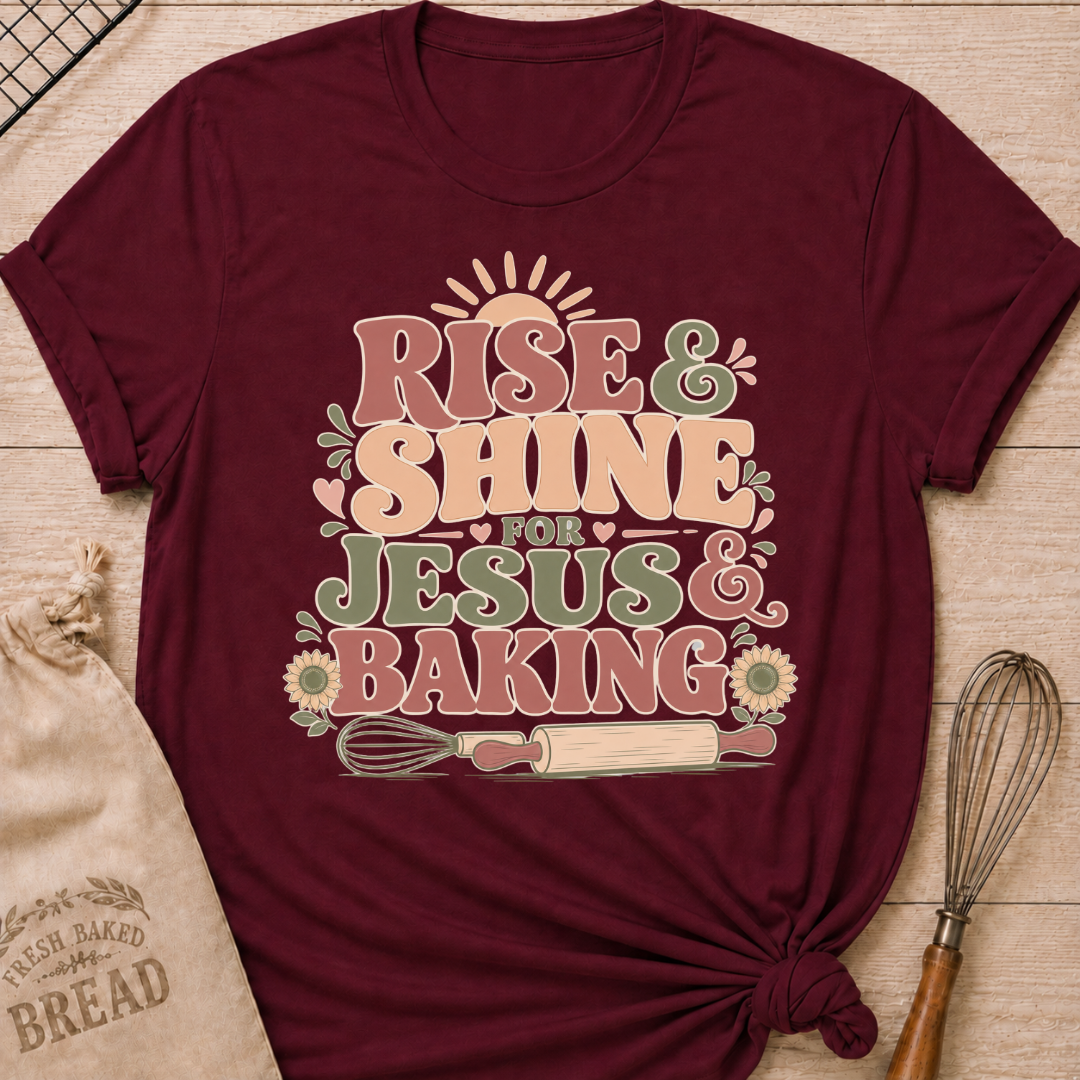 A maroon graphic t-shirt styled with a knotted hem, laid flat on a light wood background with a drawstring bread bag and a whisk. The shirt features a bold retro groovy graphic that reads "RISE & SHINE FOR JESUS & BAKING" in pink, cream, and sage lettering, with a rising sun at the top, heart accents, sunflowers, and illustrations of a whisk and rolling pin at the bottom.