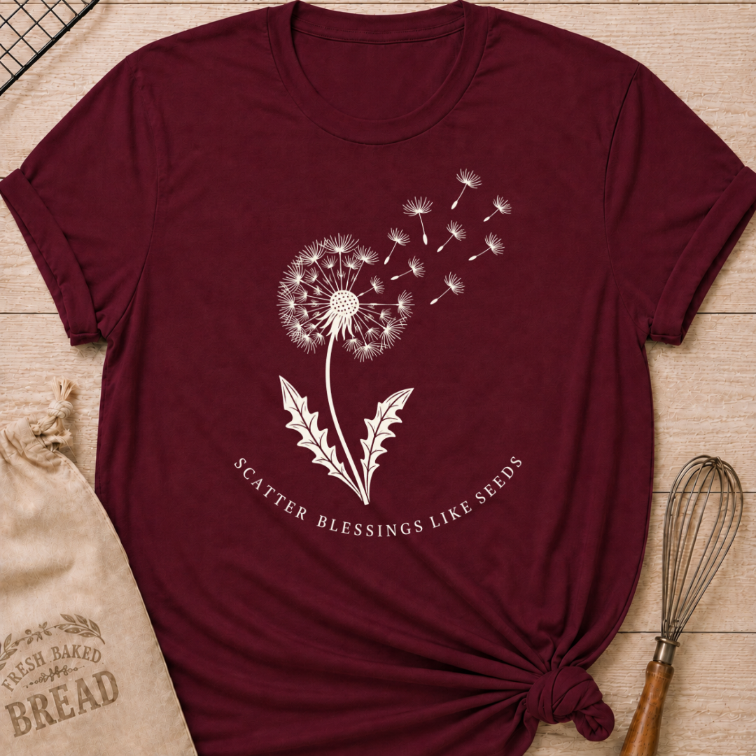 Maroon women's relaxed fit t-shirt with a dandelion releasing its seeds and the words Scatter Blessings Like Seeds.