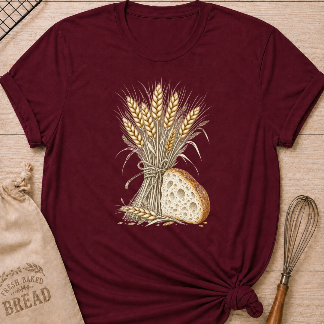 Maroon women's relaxed fit tee with a hand-tied bundle of golden wheat beside a richly textured slice of artisan bread