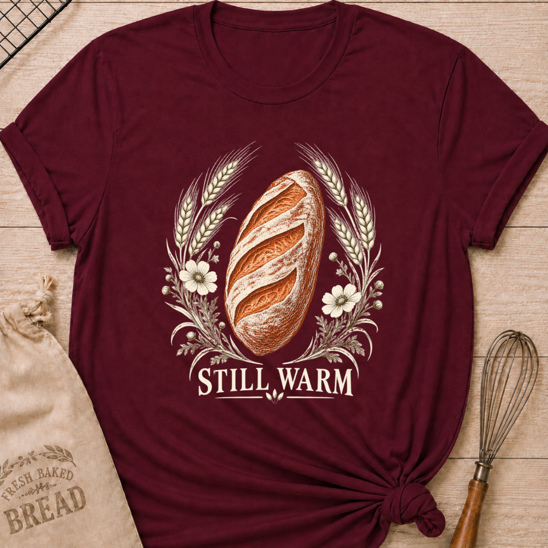 Maroon women's relaxed fit tee with a freshly baked artisan loaf framed by wheat and soft wildflowers in an old world engraved style, with Still Warm lettering