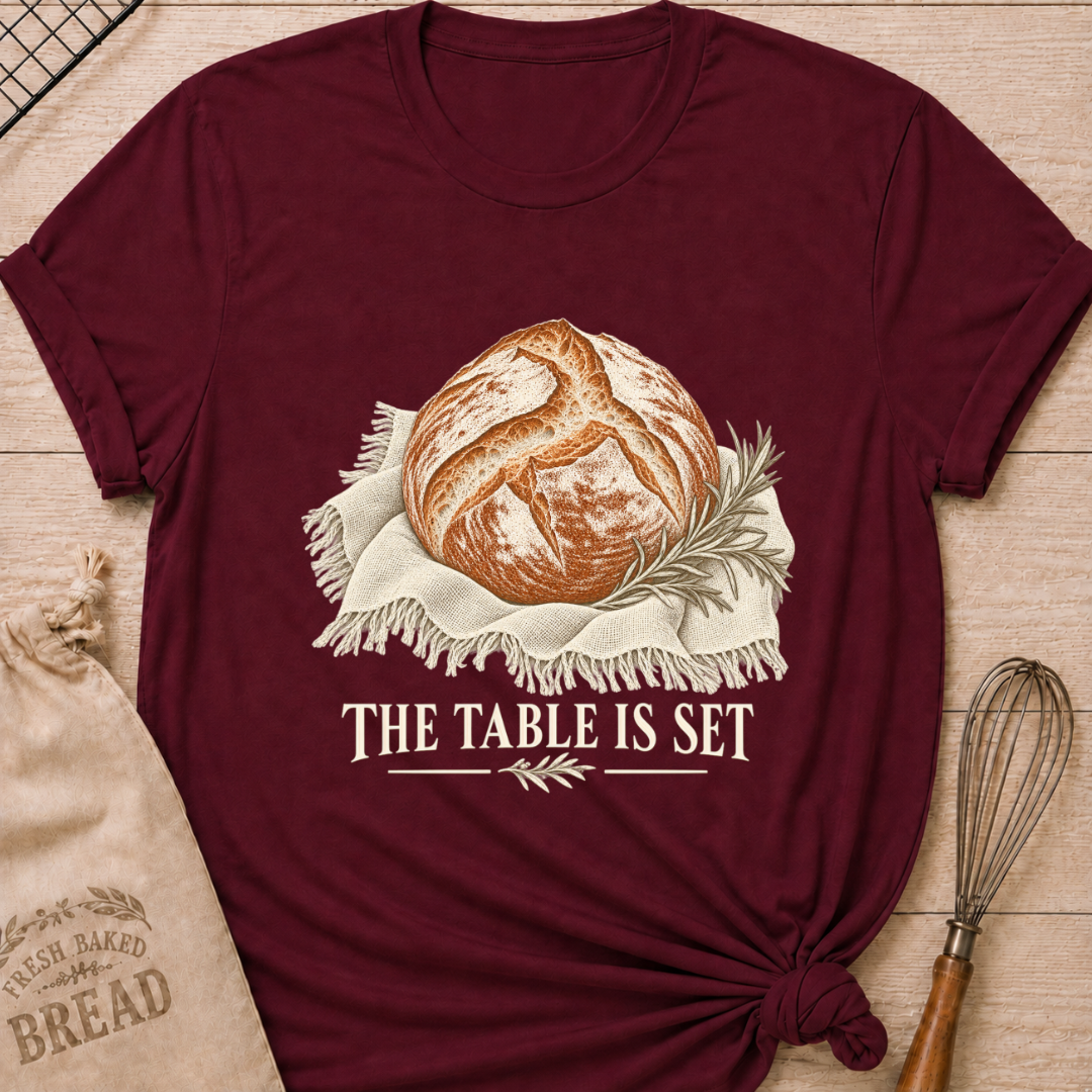 Maroon women's relaxed fit tee with a rustic artisan loaf resting on softly draped linen with a rosemary sprig and The Table Is Set lettering