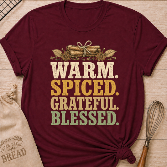 Maroon women's relaxed fit tee with bold vintage Warm Spiced Grateful Blessed lettering, cinnamon sticks, star anise and cloves in a fall palette