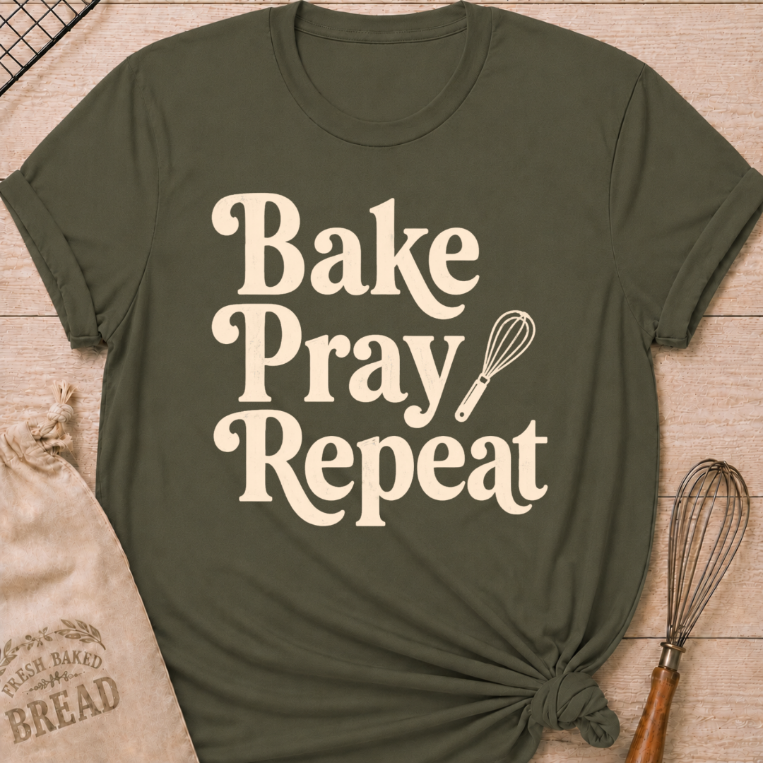 Military green women's relaxed fit t-shirt with the words Bake, Pray, Repeat in playful vintage lettering and a classic kitchen whisk.