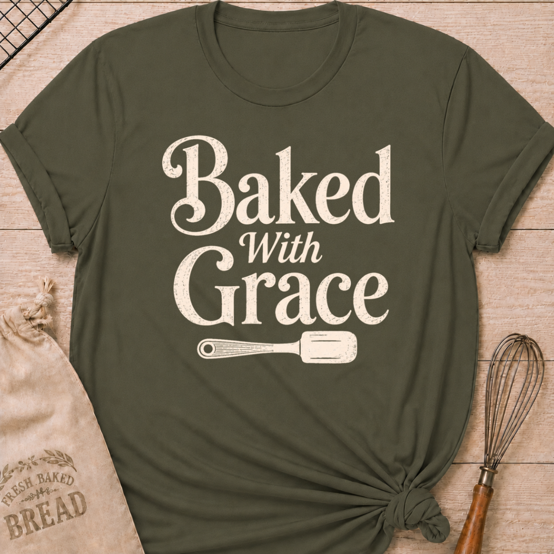 Military Green Baked with Grace women's relaxed fit tee with bold vintage lettering and a classic baking spatula