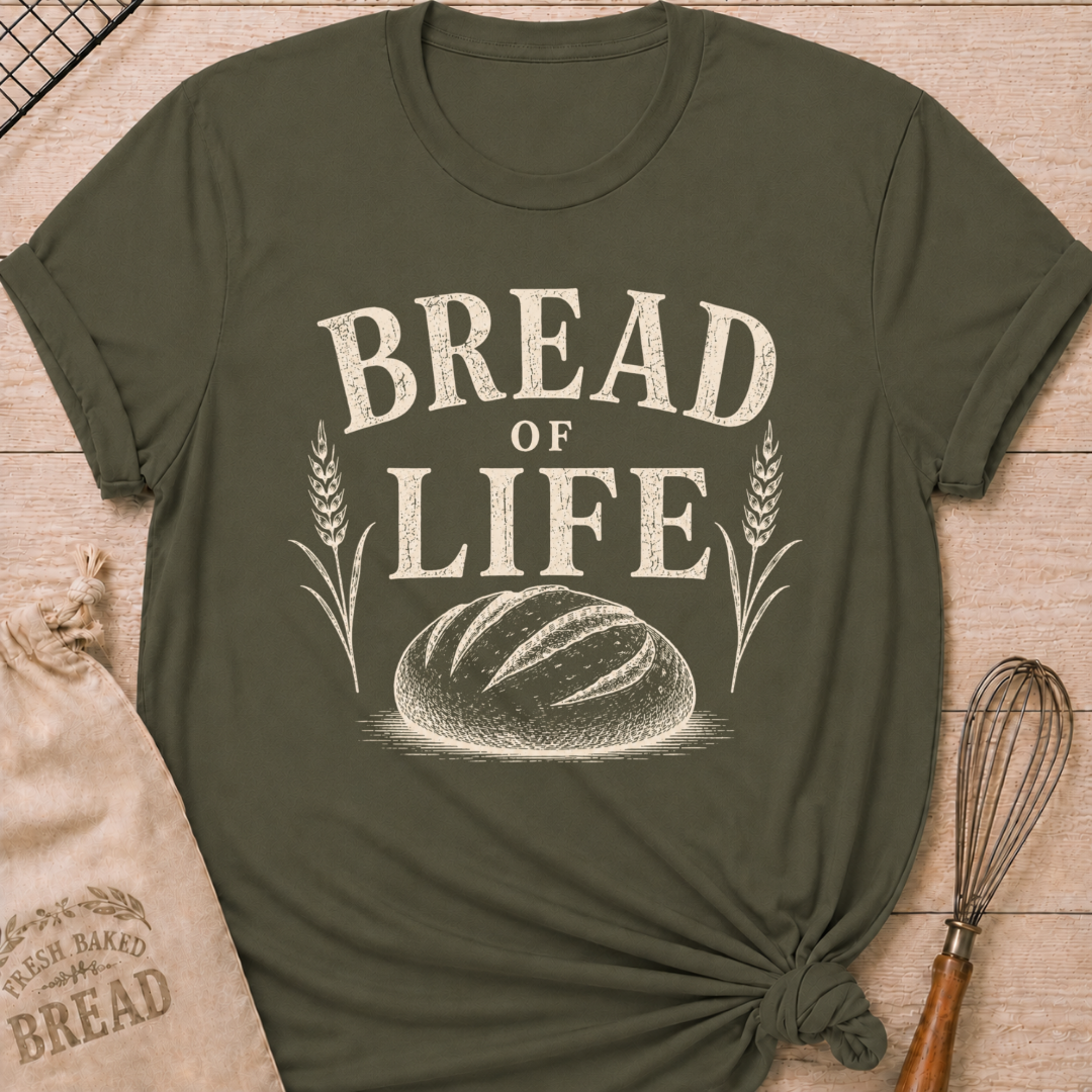 Military Green Bread of Life women's relaxed fit tee with bold vintage lettering and a rustic loaf framed by wheat
