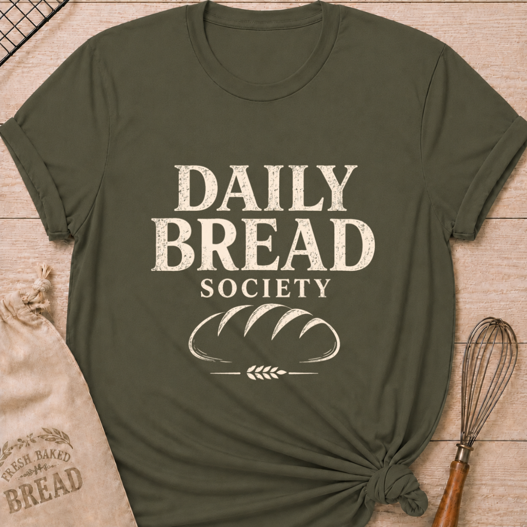 Military green women's relaxed fit t-shirt with the words Daily Bread Society in bold vintage lettering above a classic loaf and wheat.