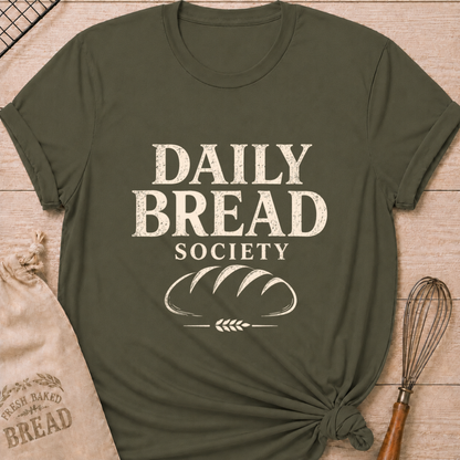 Military green women's relaxed fit t-shirt with the words Daily Bread Society in bold vintage lettering above a classic loaf and wheat.