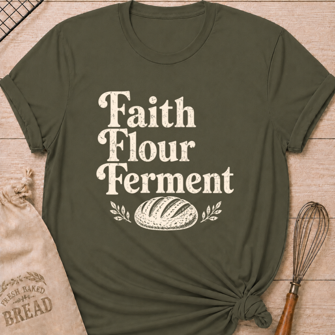 Military green women's relaxed fit t-shirt with the words Faith, Flour, Ferment in bold vintage lettering with a classic artisan loaf and subtle leafy accents.