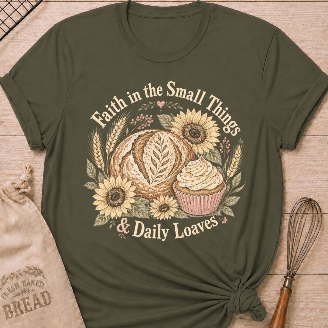 Military Green Faith In The Small Things women's relaxed fit tee with artisan bread, a frosted cupcake, sunflowers, and wheat