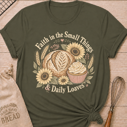 Military Green Faith In The Small Things women's relaxed fit tee with artisan bread, a frosted cupcake, sunflowers, and wheat