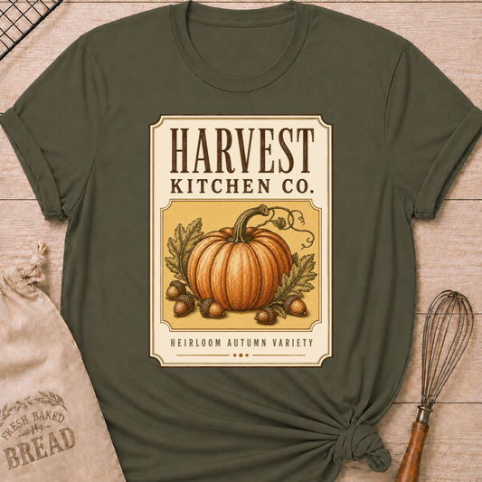 Military Green women's relaxed fit tee with a vintage produce label design, an heirloom pumpkin, oak leaves and acorns