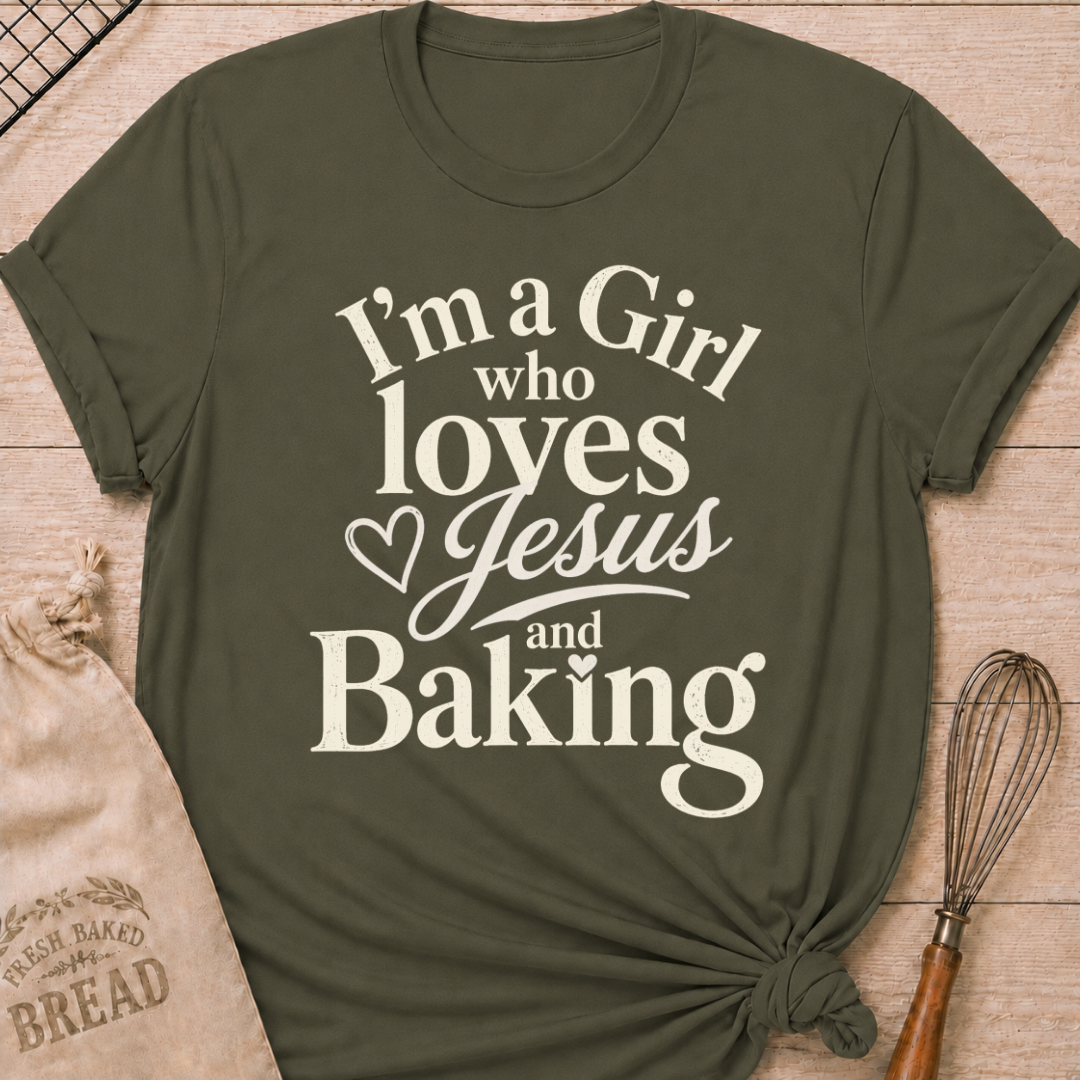 Military Green I'm a Girl Who Loves Jesus and Baking women's relaxed fit tee with warm vintage typography