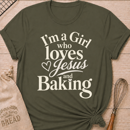 Military Green I'm a Girl Who Loves Jesus and Baking women's relaxed fit tee with warm vintage typography