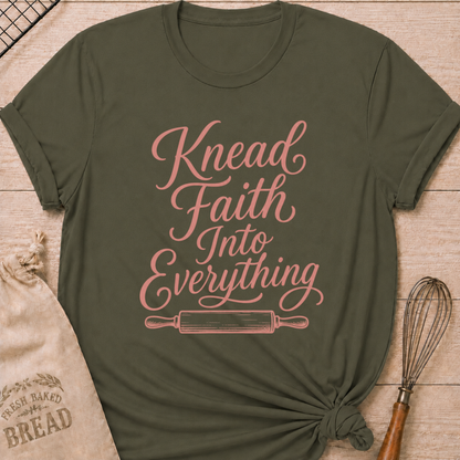 Military green women's relaxed fit t-shirt with Knead Faith Into Everything in graceful script and a classic rolling pin.