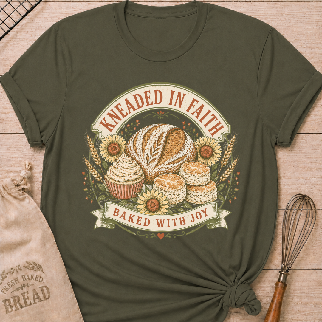 A military green graphic t-shirt styled with a knotted hem, laid flat on a light wood background with a drawstring bread bag and a whisk. The shirt features a vintage-inspired circular badge illustration with the words "Kneaded in Faith" arched across the top and "Baked with Joy" on a ribbon banner at the bottom. Inside the badge: a rustic artisan bread loaf, a frosted cupcake, and biscuits, surrounded by sunflowers, wheat stalks, and small floral accents, all rendered in warm cream, gold, and sage tones