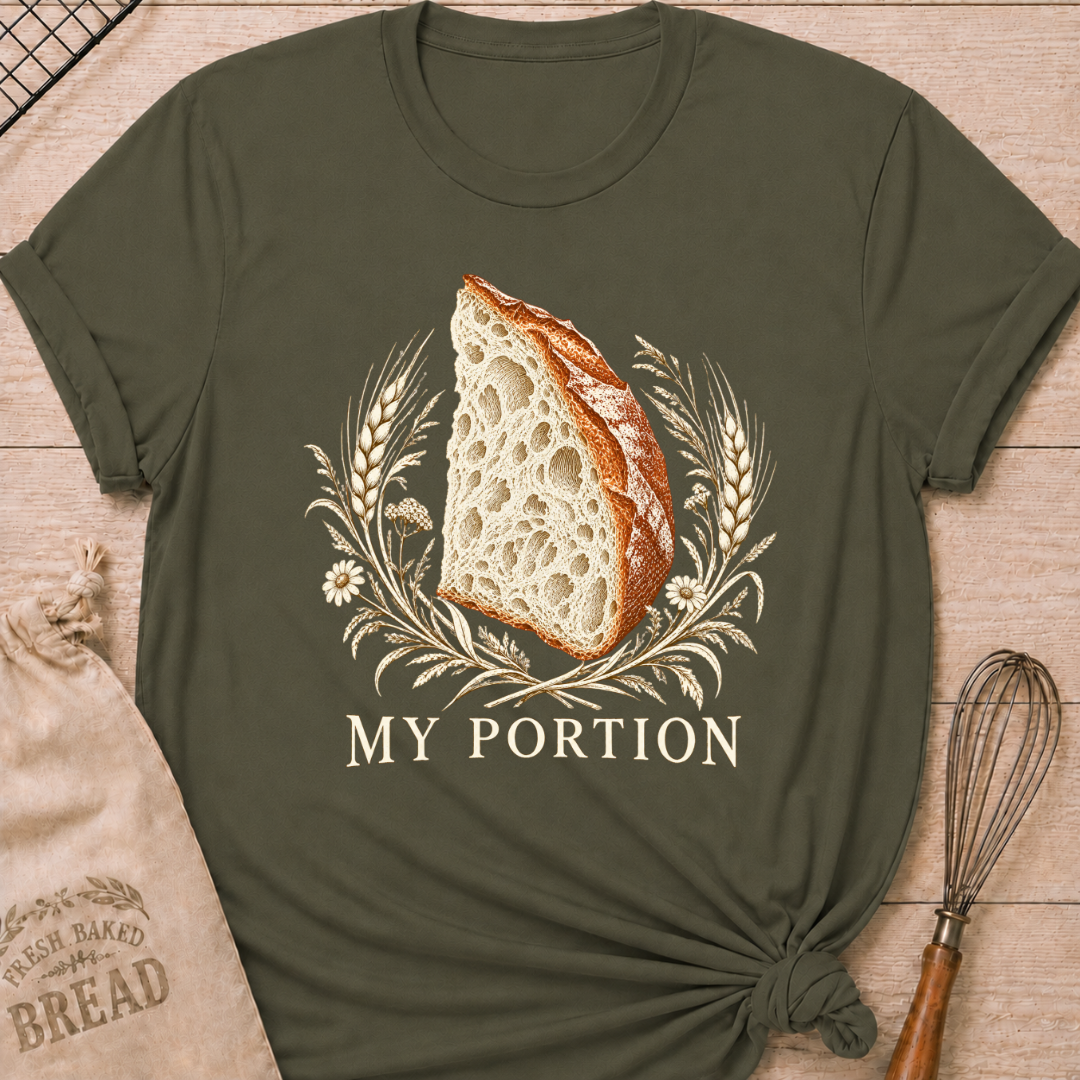 Military Green women's relaxed fit tee with a detailed slice of artisan bread framed by wheat and delicate wildflowers in warm earthy tones, with My Portion lettering below