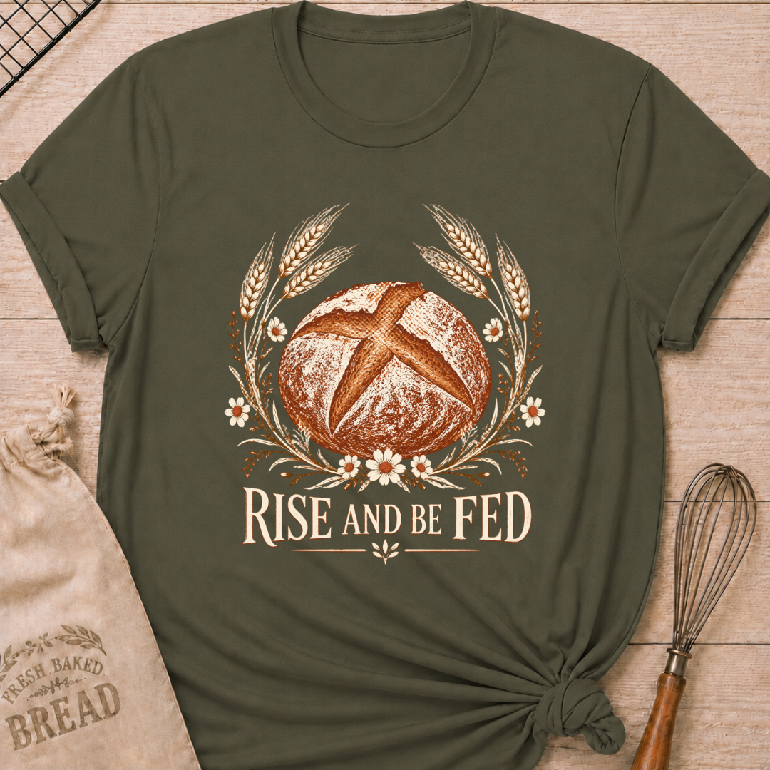 Military Green women's relaxed fit tee with a detailed artisan loaf framed by wheat and delicate wildflowers in a soft vintage style, above Rise and Be Fed lettering