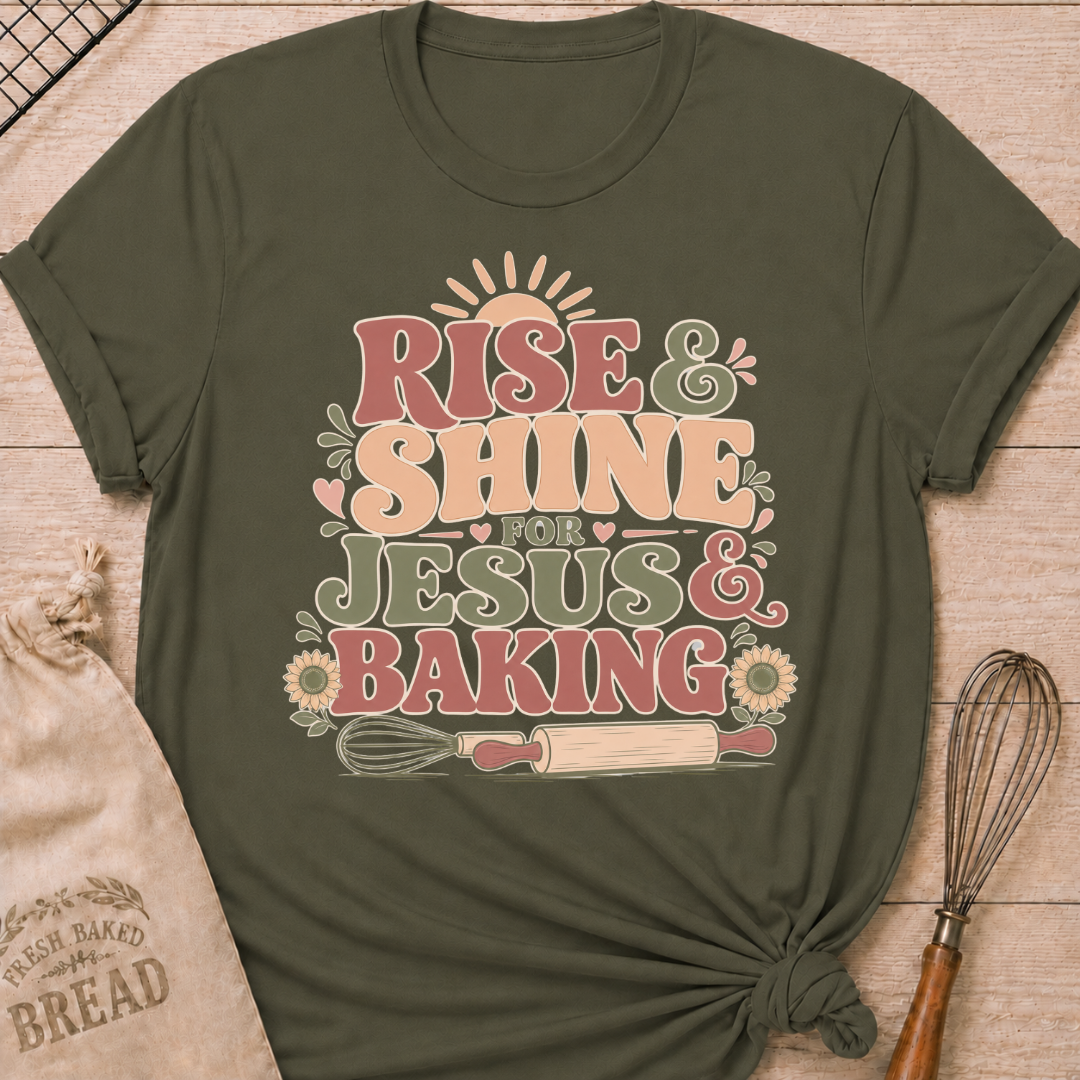A military green graphic t-shirt styled with a knotted hem, laid flat on a light wood background with a drawstring bread bag and a whisk. The shirt features a bold retro groovy graphic that reads "RISE & SHINE FOR JESUS & BAKING" in pink, cream, and sage lettering, with a rising sun at the top, heart accents, sunflowers, and illustrations of a whisk and rolling pin at the bottom.