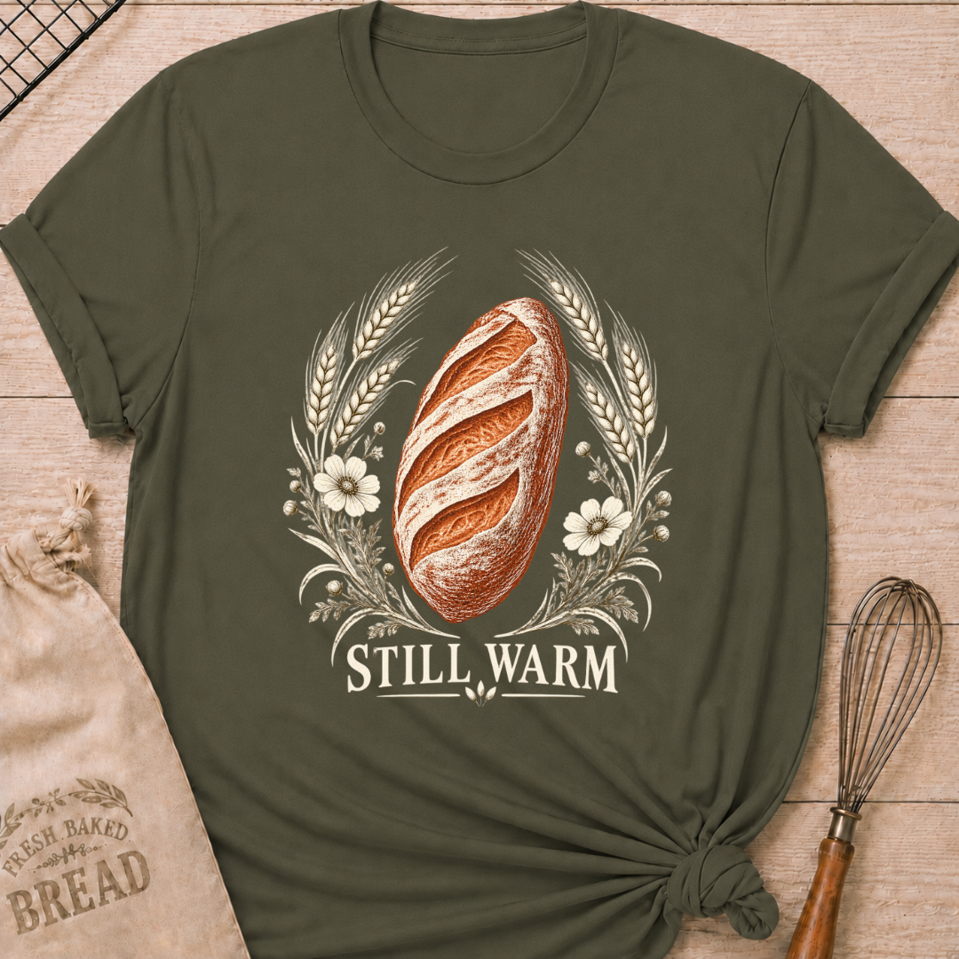 Military Green women's relaxed fit tee with a freshly baked artisan loaf framed by wheat and soft wildflowers in an old world engraved style, with Still Warm lettering