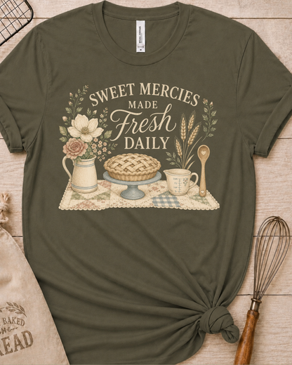 Military green women's relaxed fit t-shirt reading Sweet Mercies Made Fresh Daily above a lattice-top pie on a cake stand with a flower pitcher, measuring cup, and wooden spoon.