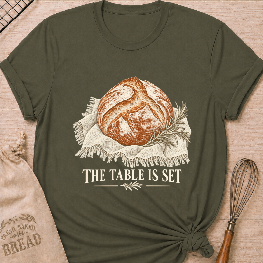 Military Green women's relaxed fit tee with a rustic artisan loaf resting on softly draped linen with a rosemary sprig and The Table Is Set lettering