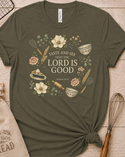 Military green women's relaxed fit t-shirt with Taste and See from Psalm 34:8 inside a soft botanical wreath.