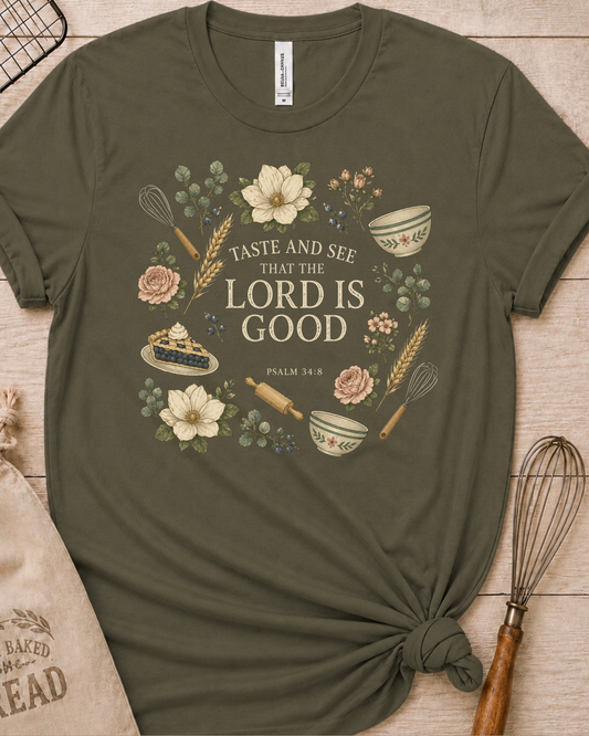 Military green women's relaxed fit t-shirt with Taste and See from Psalm 34:8 inside a soft botanical wreath.