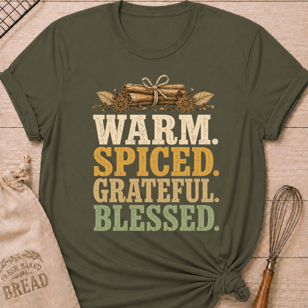 Military Green women's relaxed fit tee with bold vintage Warm Spiced Grateful Blessed lettering, cinnamon sticks, star anise and cloves in a fall palette