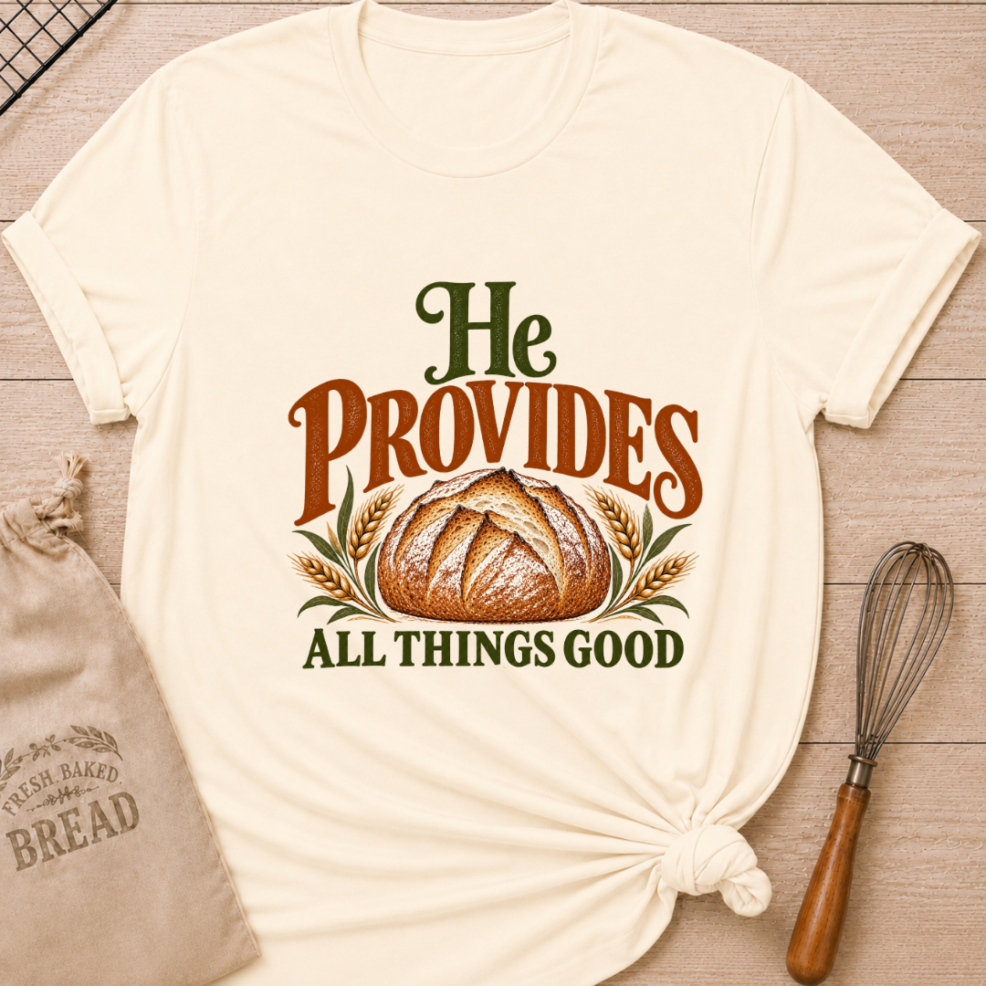 Natural women's relaxed fit tee with a rustic artisan loaf framed by golden wheat and earthy vintage He Provides All Things Good lettering