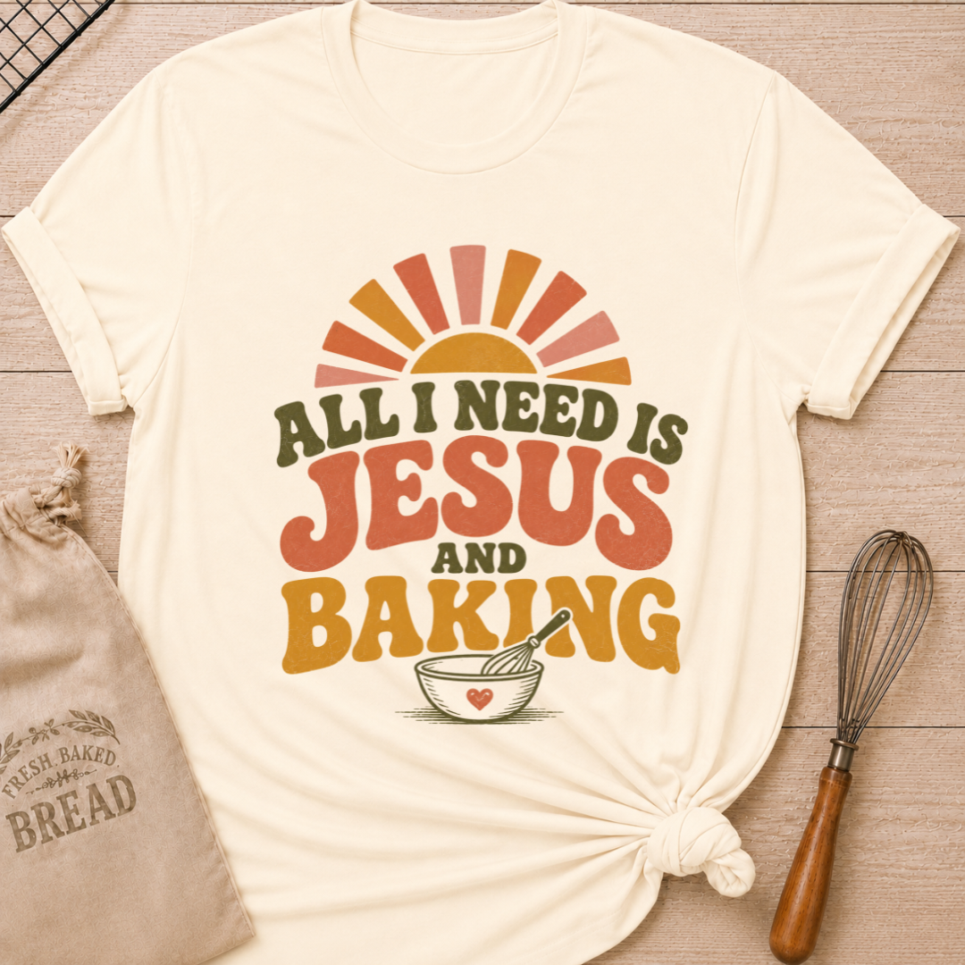 Natural All I Need Is Jesus and Baking women's relaxed fit tee with bold retro lettering, a rising sun, mixing bowl, and whisk