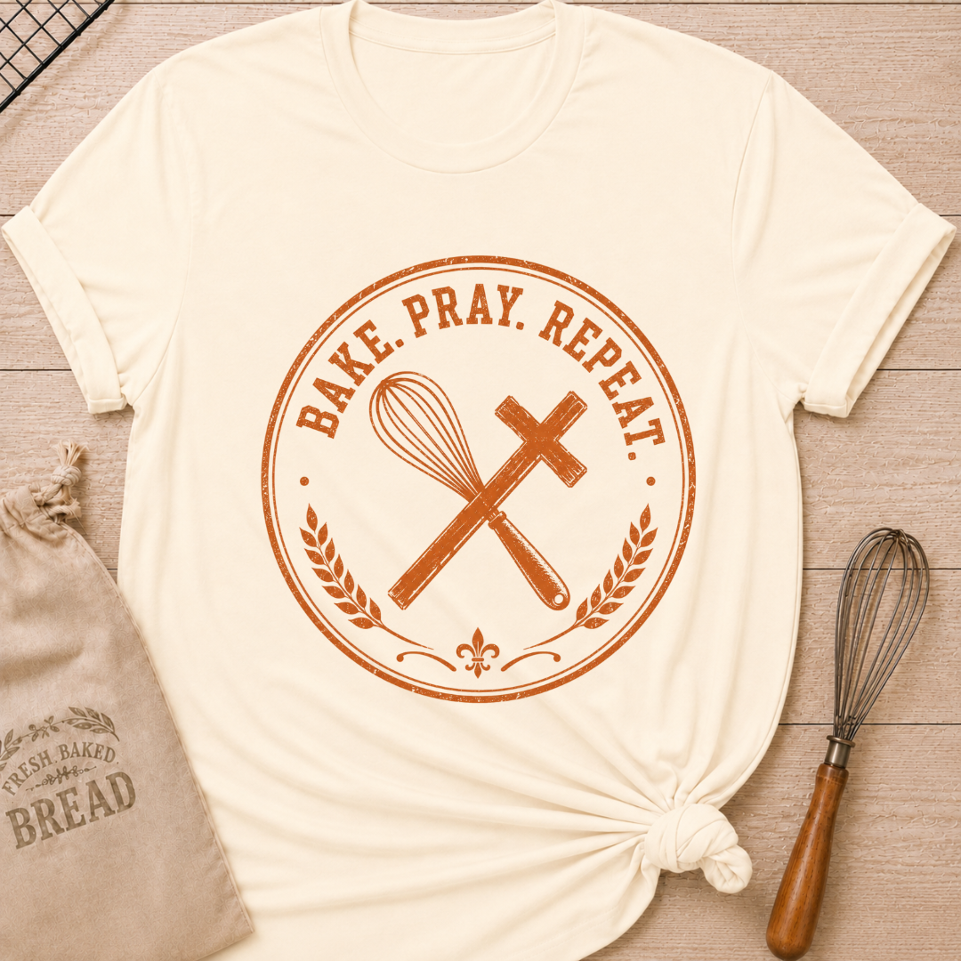 Natural women's relaxed fit t-shirt with the words Bake. Pray. Repeat. inside a vintage bakery emblem with a classic whisk, a rolling pin, and wheat details.