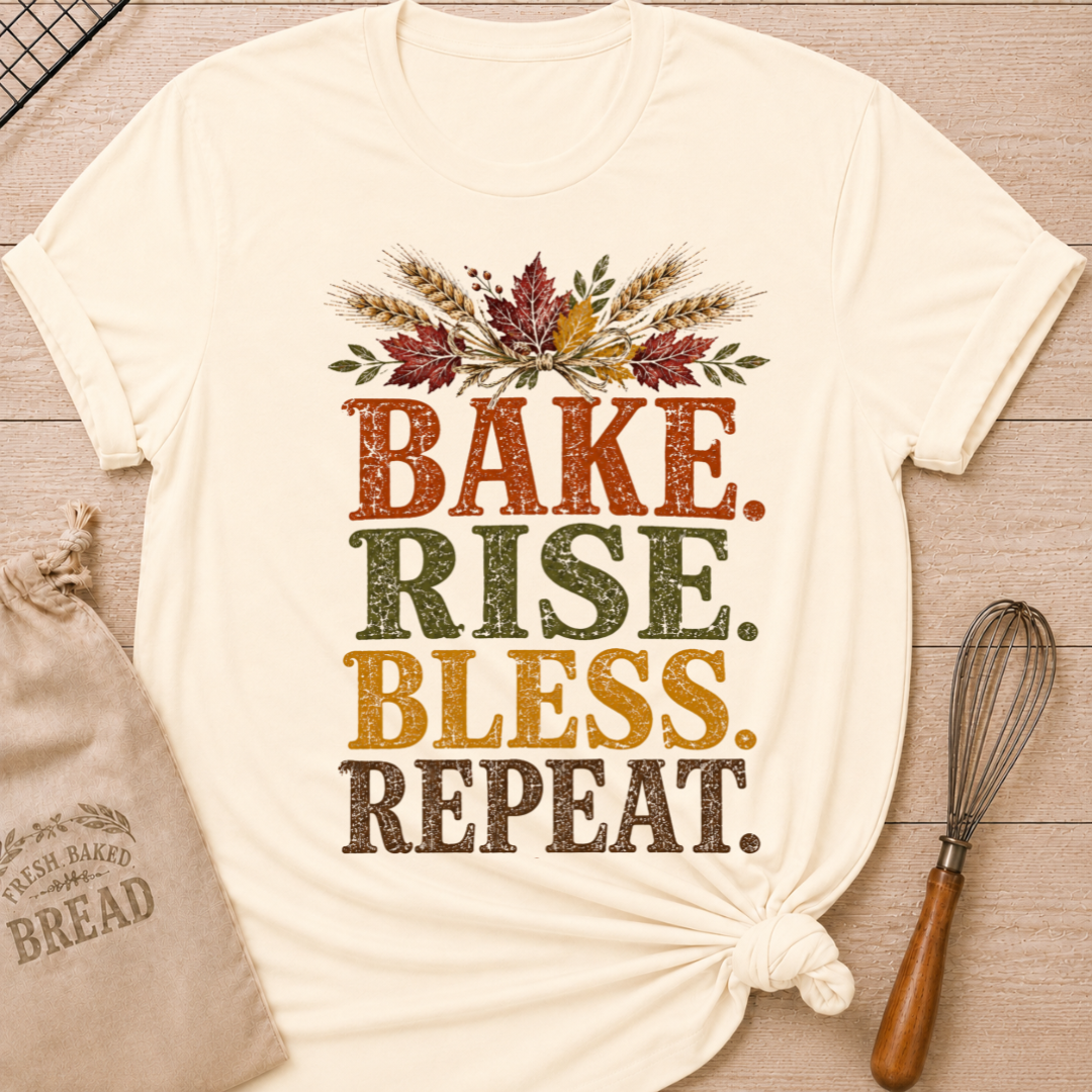 Natural women's relaxed fit tee with distressed vintage Bake Rise Bless Repeat lettering and a tied bundle of wheat and autumn leaves
