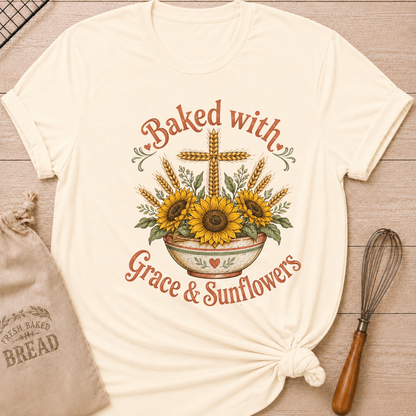 A cream-colored short-sleeve t-shirt with a graphic print of sunflowers, wheat, and a cross in a bowl, with the text 'Baked with Grace & Sunflowers'. The shirt is styled in a flat-lay on a wooden surface with a bread bag and a whisk.