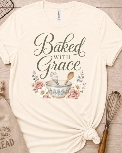 Natural cream women's relaxed fit t-shirt with Baked with Grace in script surrounded by soft blue watercolor florals.