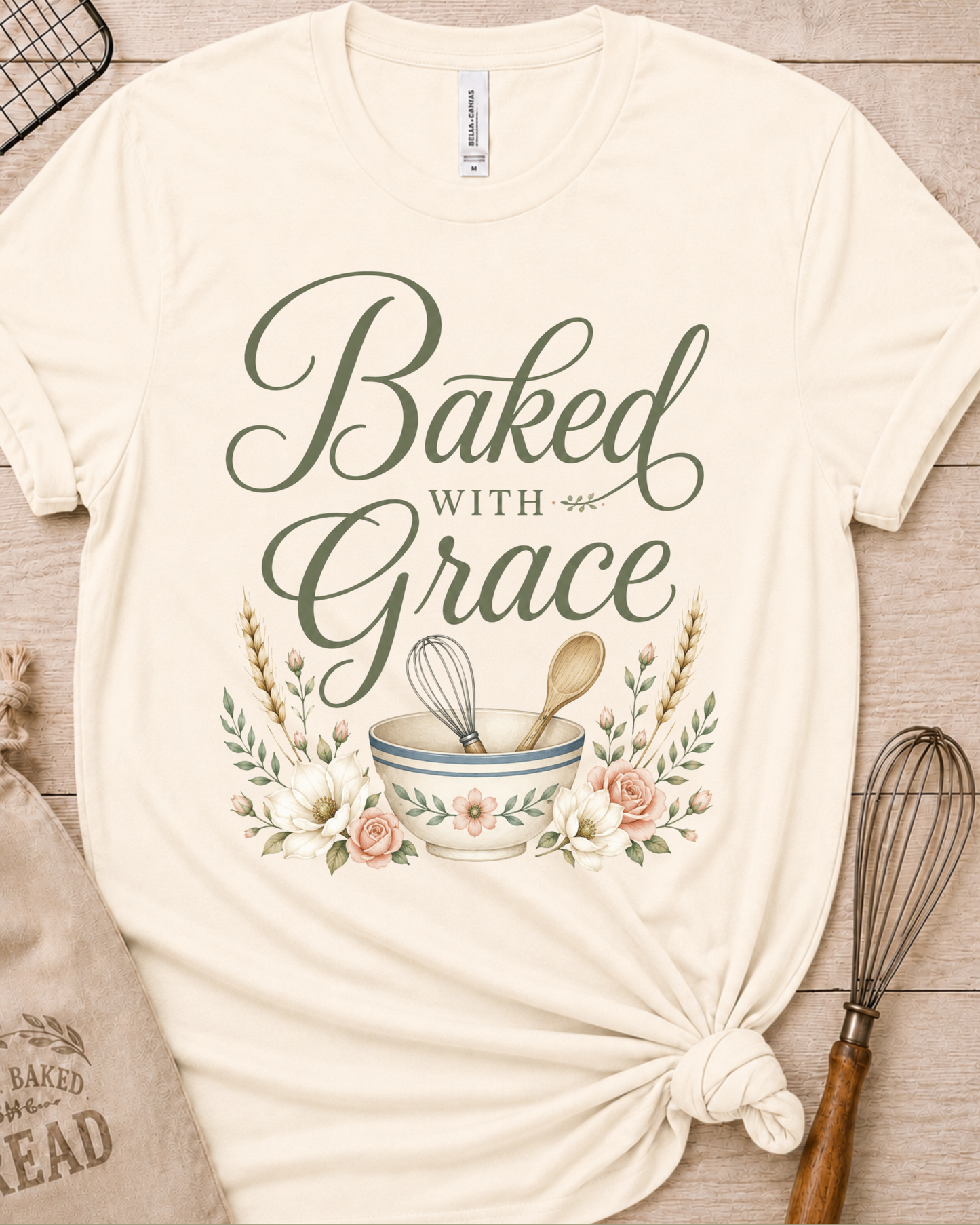 Natural cream women's relaxed fit t-shirt with Baked with Grace in script surrounded by golden wheat stalks and soft watercolor florals.