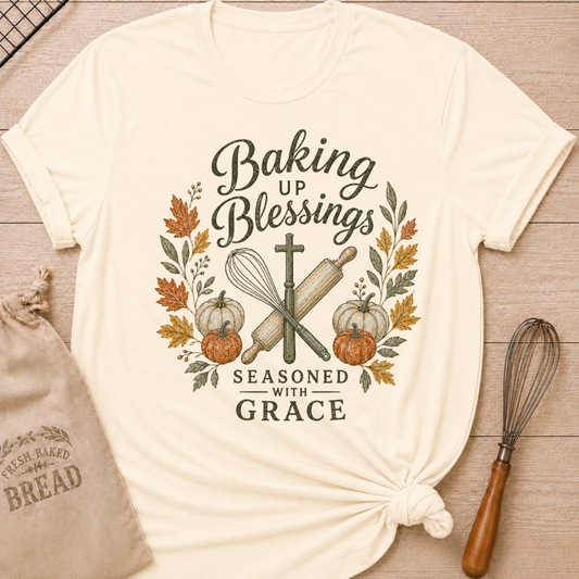 Natural women's relaxed fit tee with graceful vintage Baking Up Blessings, Seasoned With Grace lettering over a cross, whisk and rolling pin framed by pumpkins and richly colored fall leaves