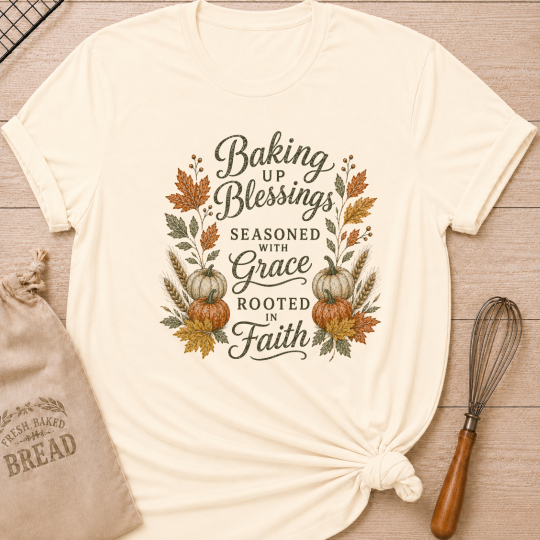 Natural women's relaxed fit tee with elegant vintage Baking Up Blessings, Seasoned With Grace, Rooted in Faith lettering framed by ivory and orange pumpkins, golden wheat and richly colored fall leaves