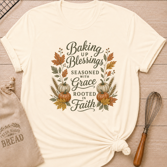 Natural women's relaxed fit tee with elegant vintage Baking Up Blessings, Seasoned With Grace, Rooted in Faith lettering framed by ivory and orange pumpkins, golden wheat and richly colored fall leaves